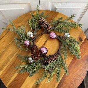 Bath Body Works 3 wick candle ring holder Pink & Gold ornaments pinecone wreath